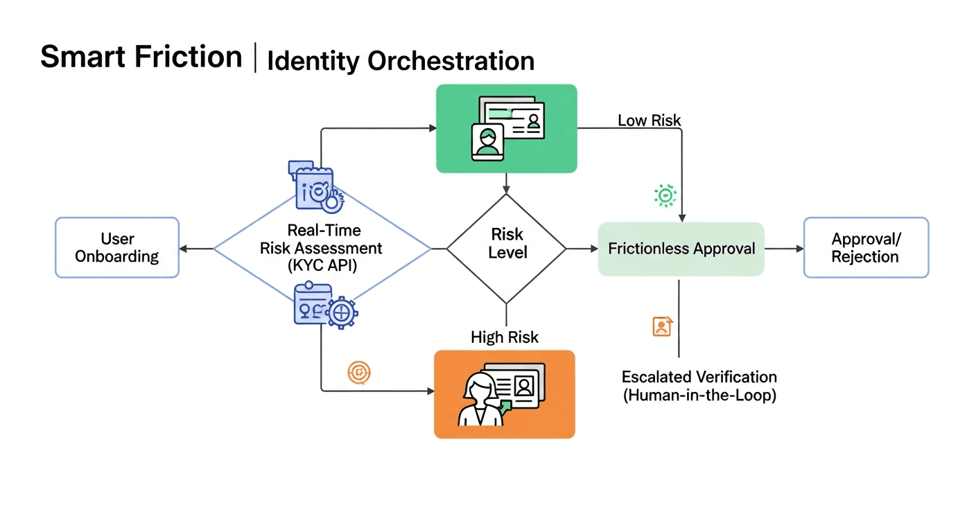 Flowchart showing the Identity Orchestration process where low-risk users receive frictionless approval and high-risk users are escalated to manual human review.