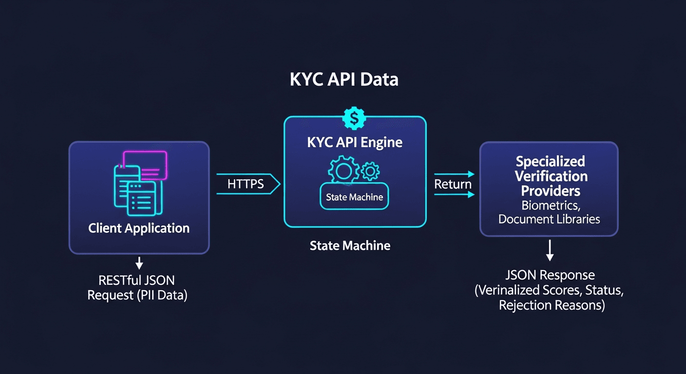 Architecture diagram showing the data flow of a KYC API, from a client application sending a JSON request with PII, through the KYC API state machine, and returning a JSON response with verification scores.
