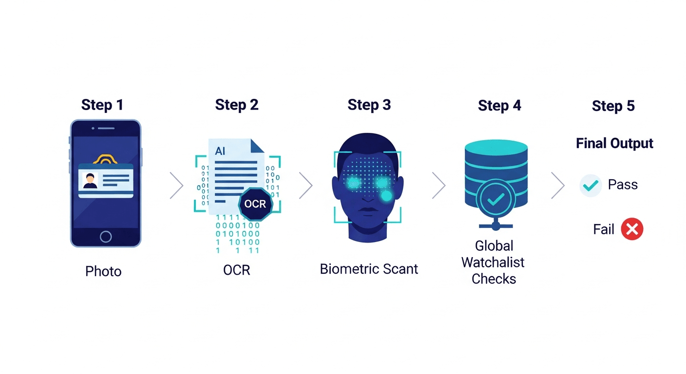 A step-by-step process diagram showing the KYC API workflow: document capture, AI data extraction, biometric scanning, database checks, and the final pass or fail decision.