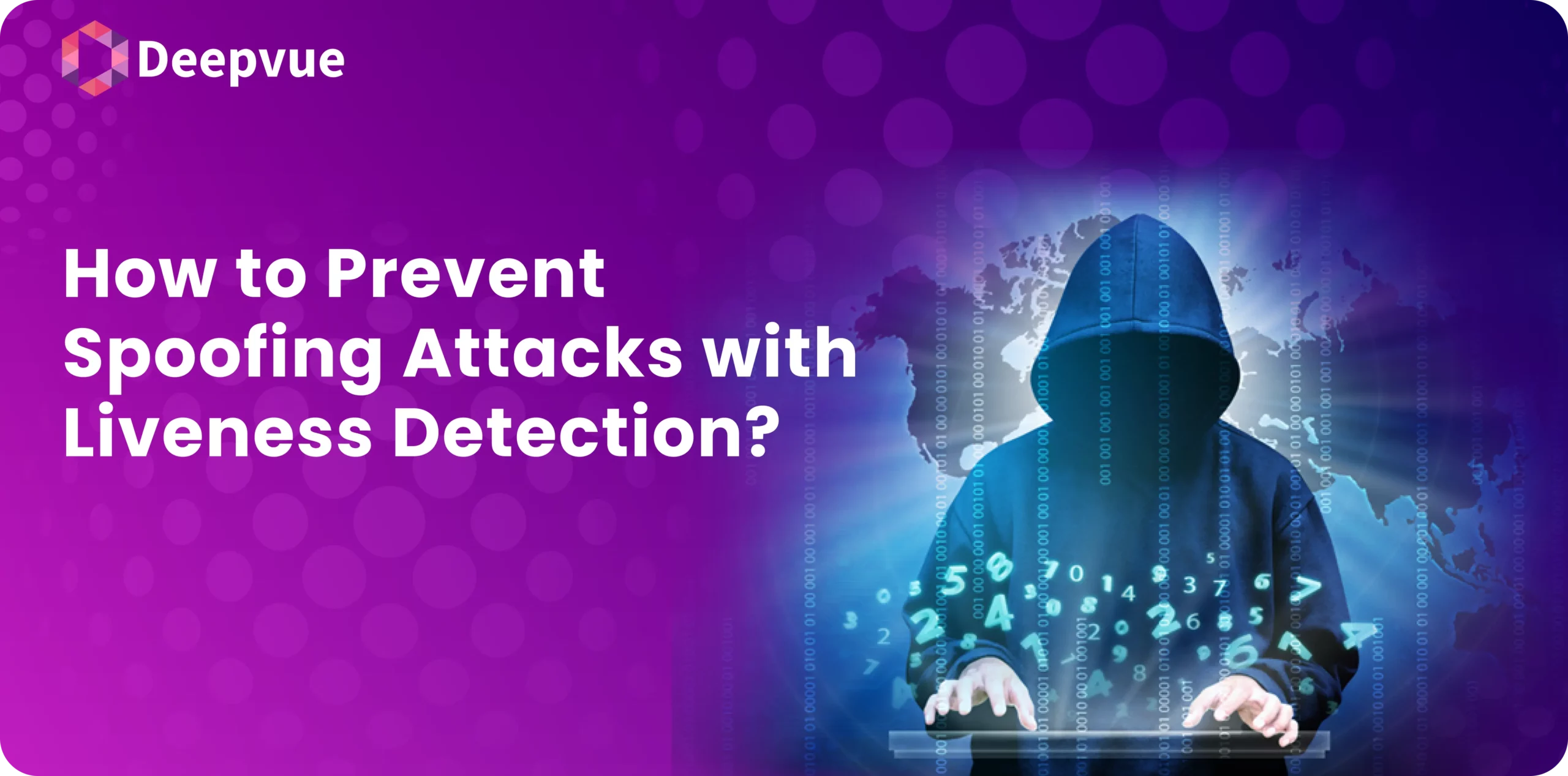 Purple-themed digital security advertisement with text "How to Prevent Spoofing Attacks with Liveness Detection?" featuring a hooded figure typing on a keyboard, surrounded by binary code.