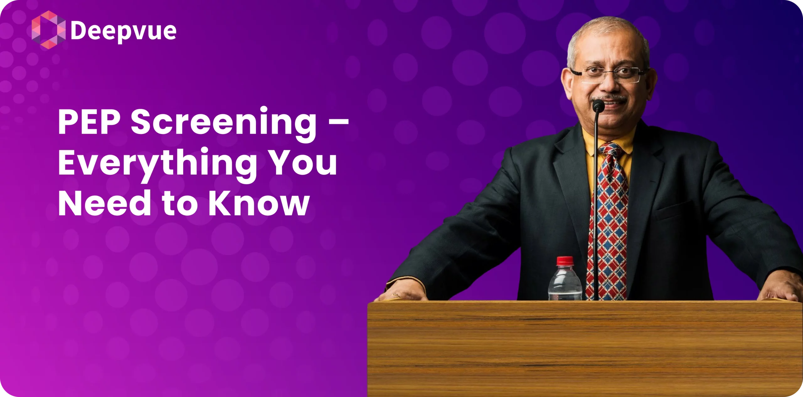 A speaker stands at a podium with a microphone, delivering a presentation on PEP Screening. The background is purple with branding that reads "Deepvue.