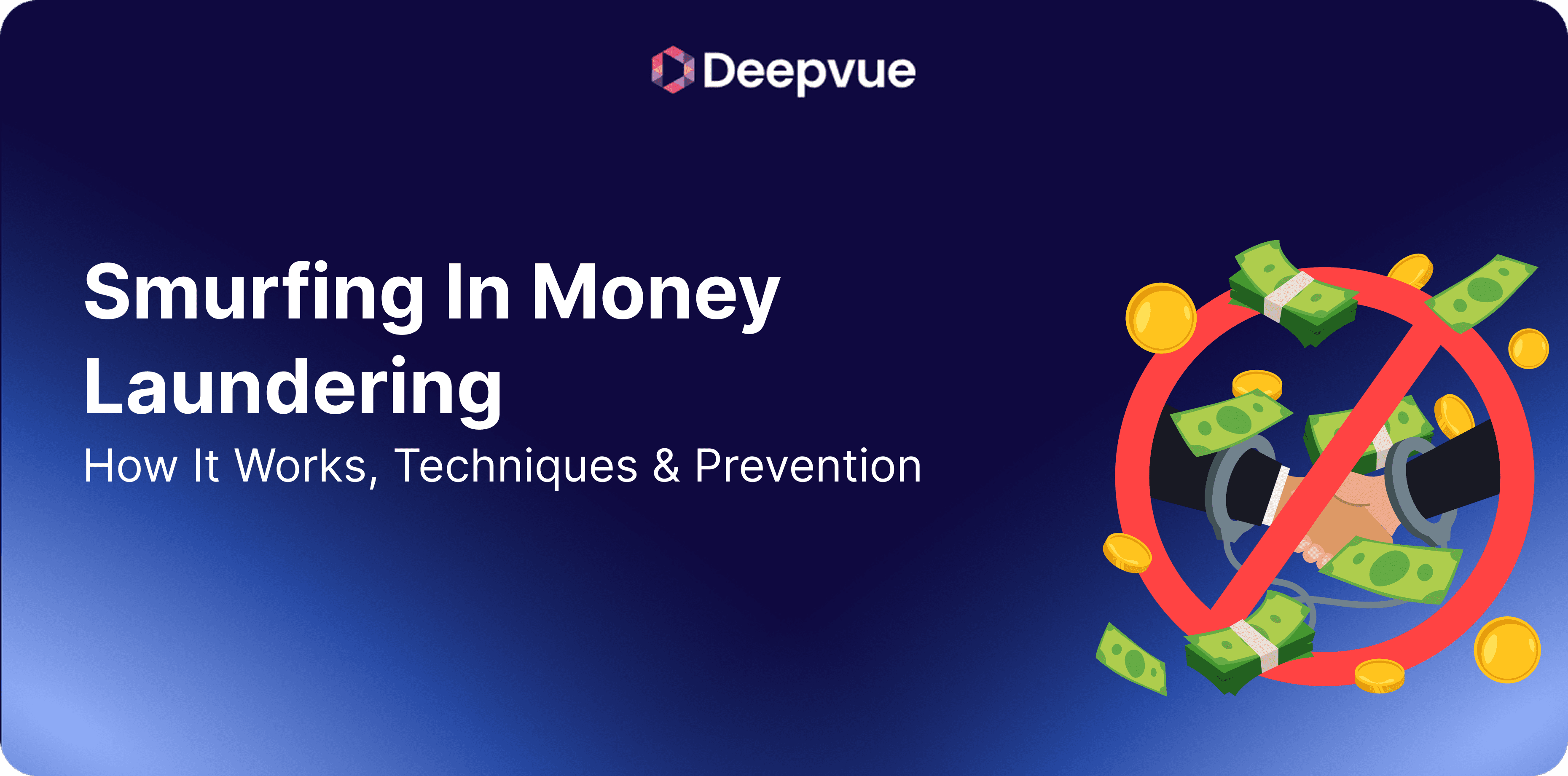 Banner image with the title "Smurfing In Money Laundering: How It Works, Techniques & Prevention," and an illustration of flying money with a red prohibition sign.