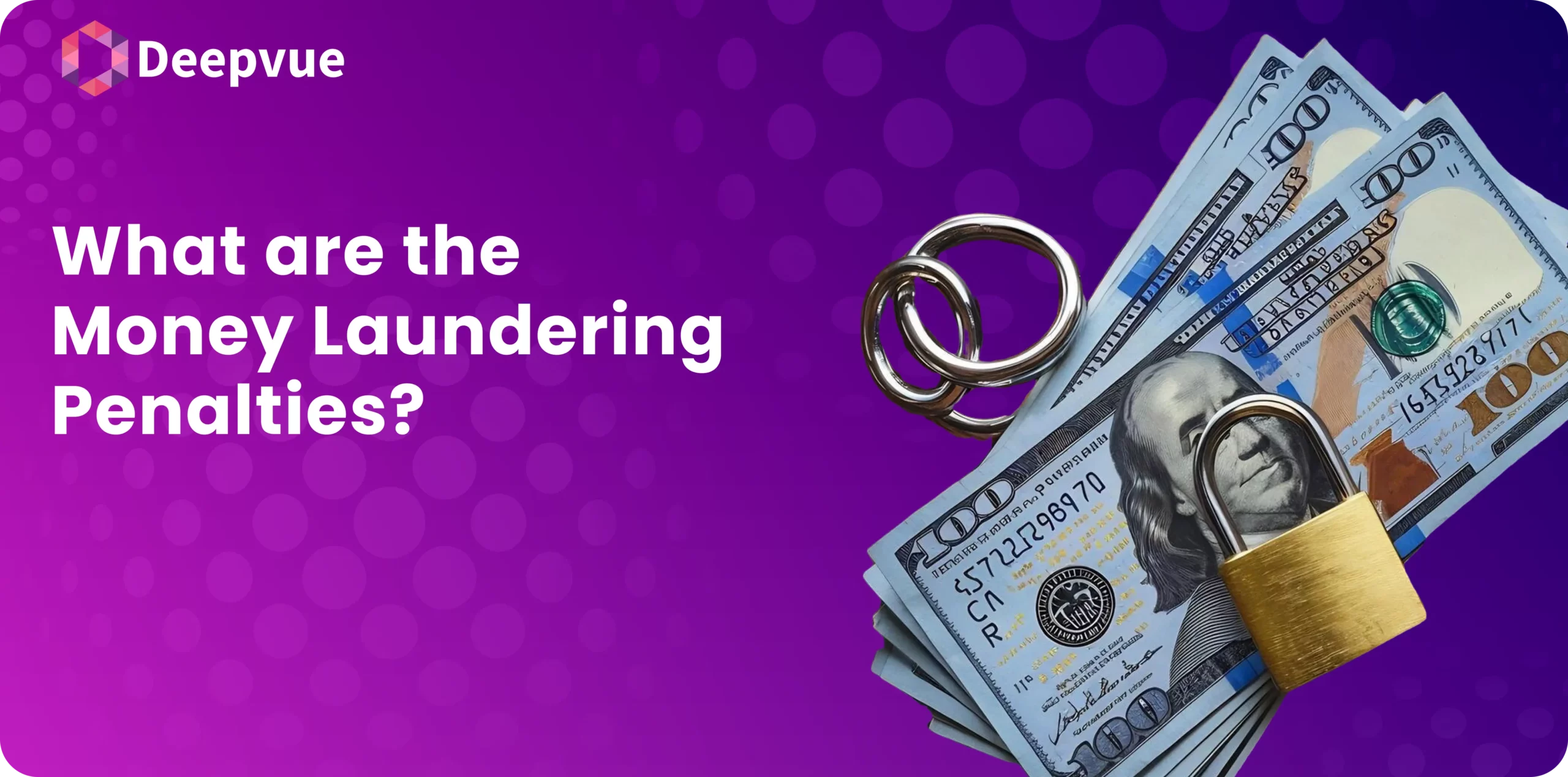 A stack of hundred-dollar bills, secured with a padlock and rings, is set against a purple background. White text boldly asks, "What are the Money Laundering Penalties?.