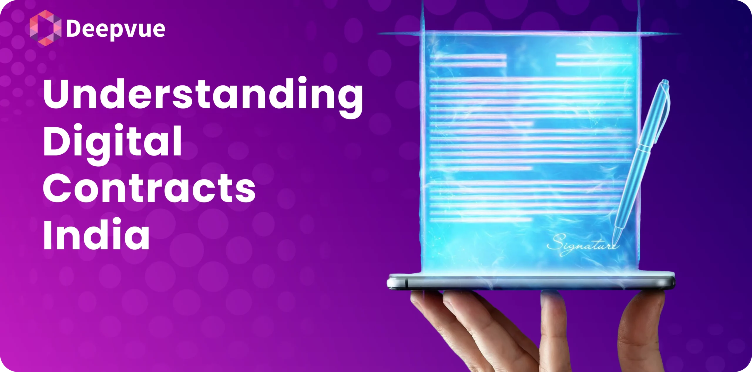 A holographic digital contract hovers above a hand, illuminated by the text "Understanding Digital Contracts in India" against a vivid purple background.