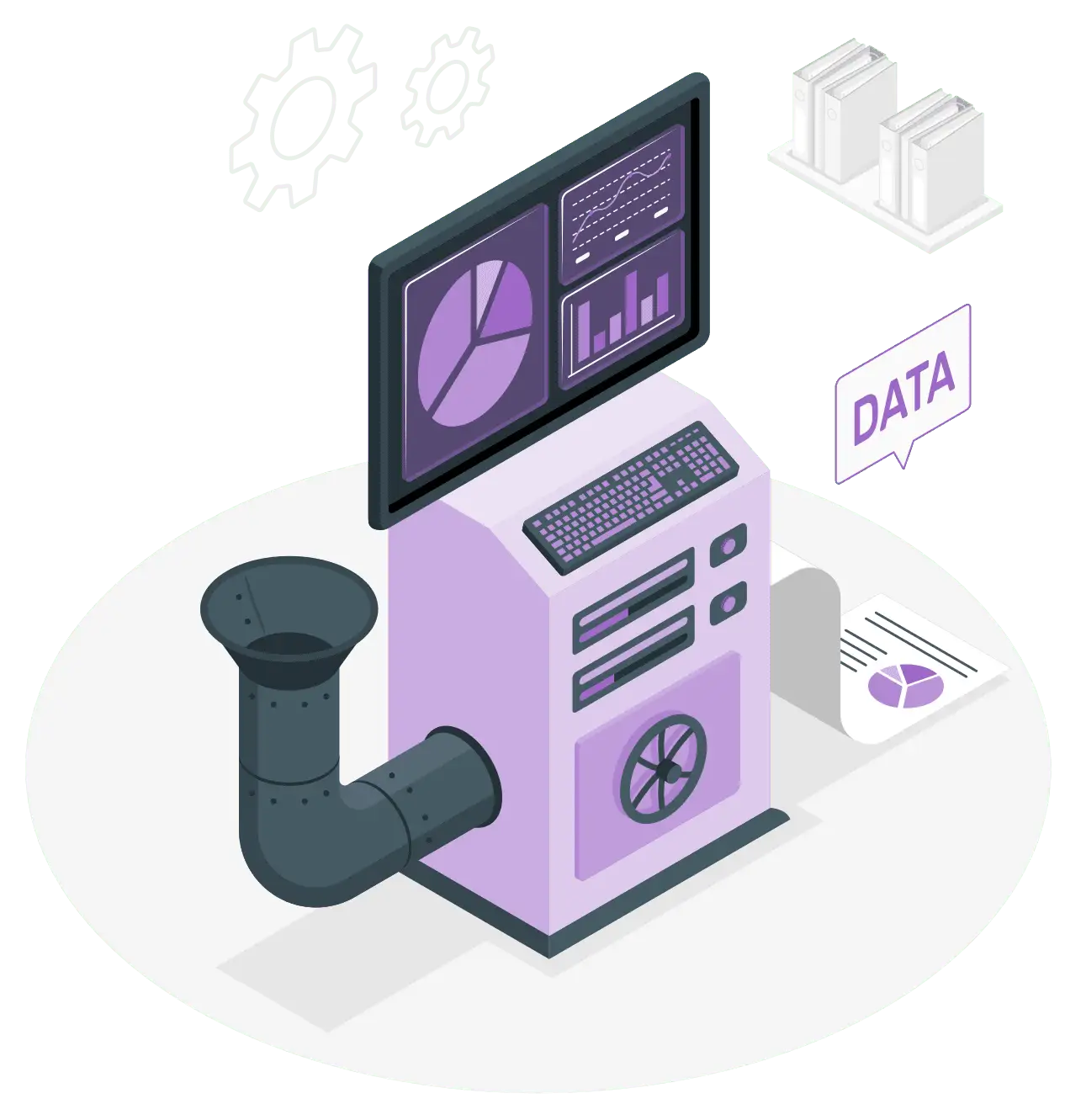 Illustration of a data processing machine with charts on a screen, a tubed input funnel, and data output on paper. Gears and servers are depicted in the background.