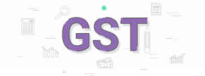 The image features the large letters "GST" in purple, surrounded by icons of a calculator, bar chart, magnifying glass, pencil, and money, on a light background.