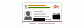 Illustration of an identification card with a photo, QR code, and obscured text elements, featuring colorful lines and a fingerprint symbol.