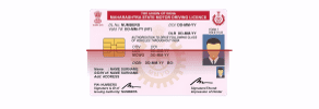 Image of an Indian driving license showing an electronic chip, personal details, a photograph, and official logos. A red line crosses through the middle for privacy.