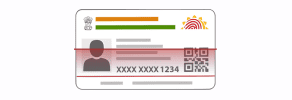 Illustration of an Aadhar card with a red scan line, featuring a silhouette photo, QR code, and masked number.