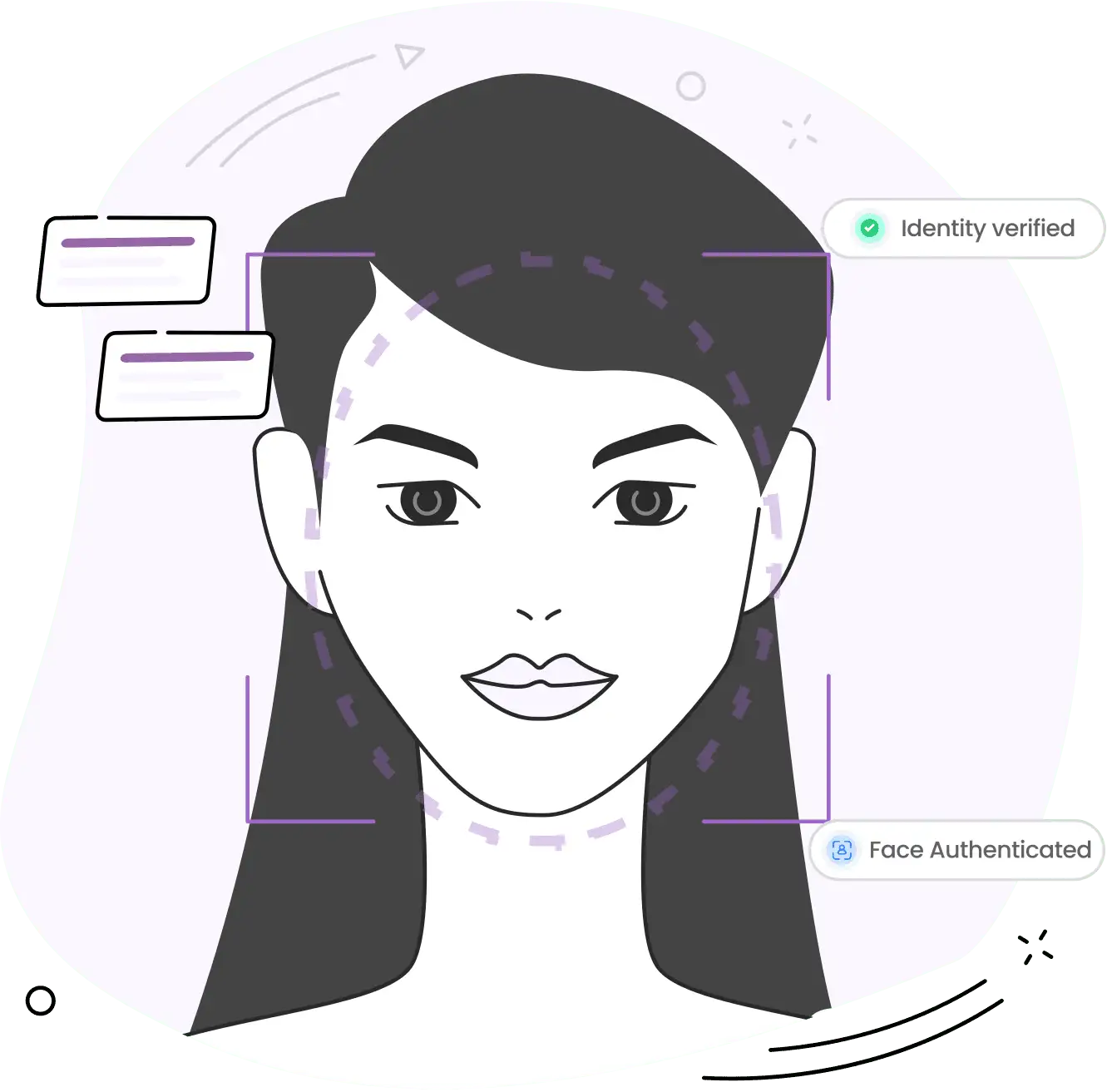 Illustration of a woman's face with digital interface elements indicating "Identity verified" and "Face Authenticated.