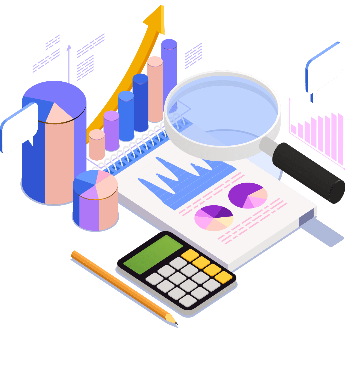 Illustration of financial analysis with charts, graphs, a magnifying glass, calculator, and pencil on a notebook, showcasing data trends and statistics.