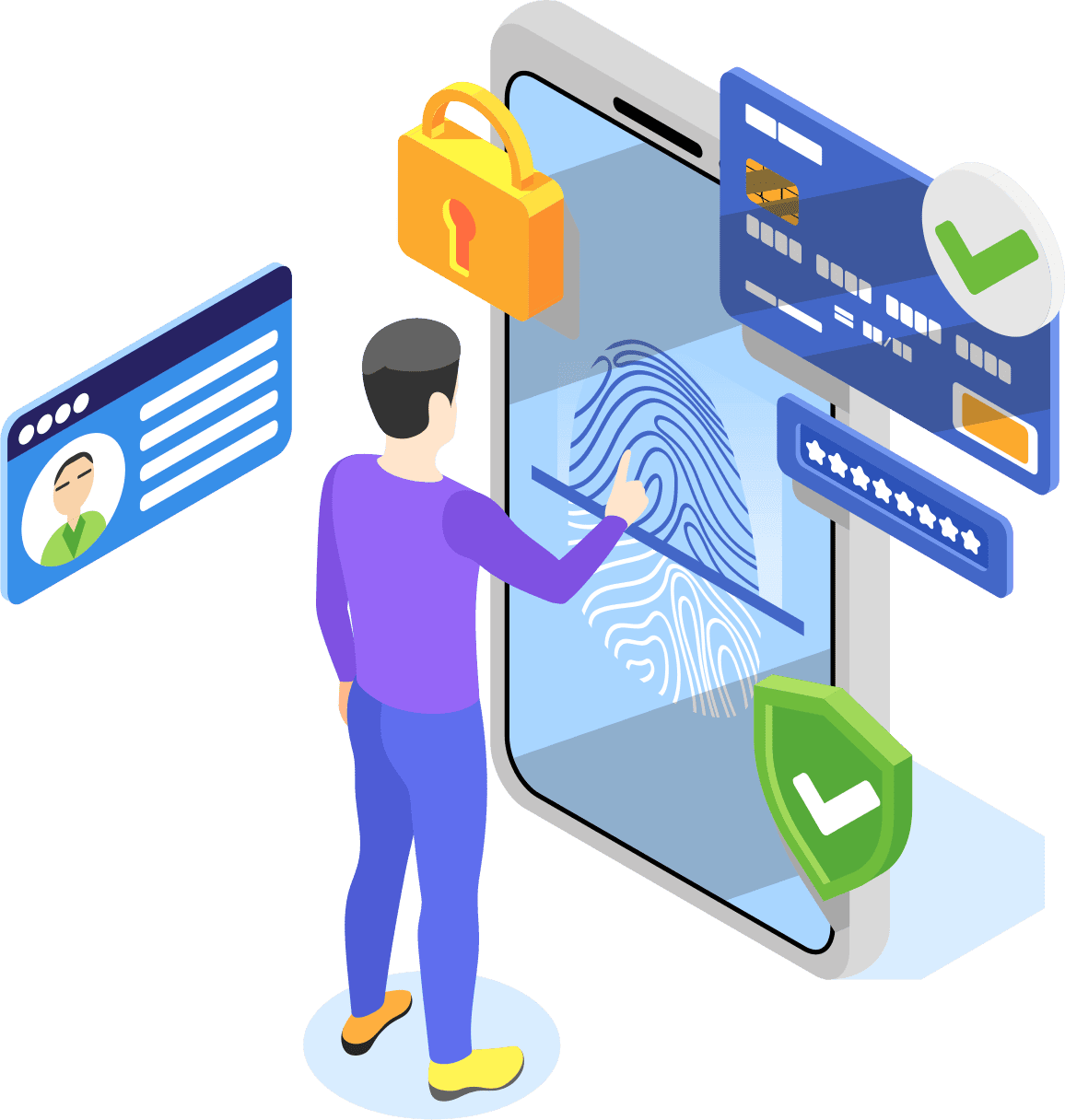 Illustration of a person unlocking a smartphone with a fingerprint. Icons for a lock, ID card, credit card, shield, and checkmarks are displayed around the phone.