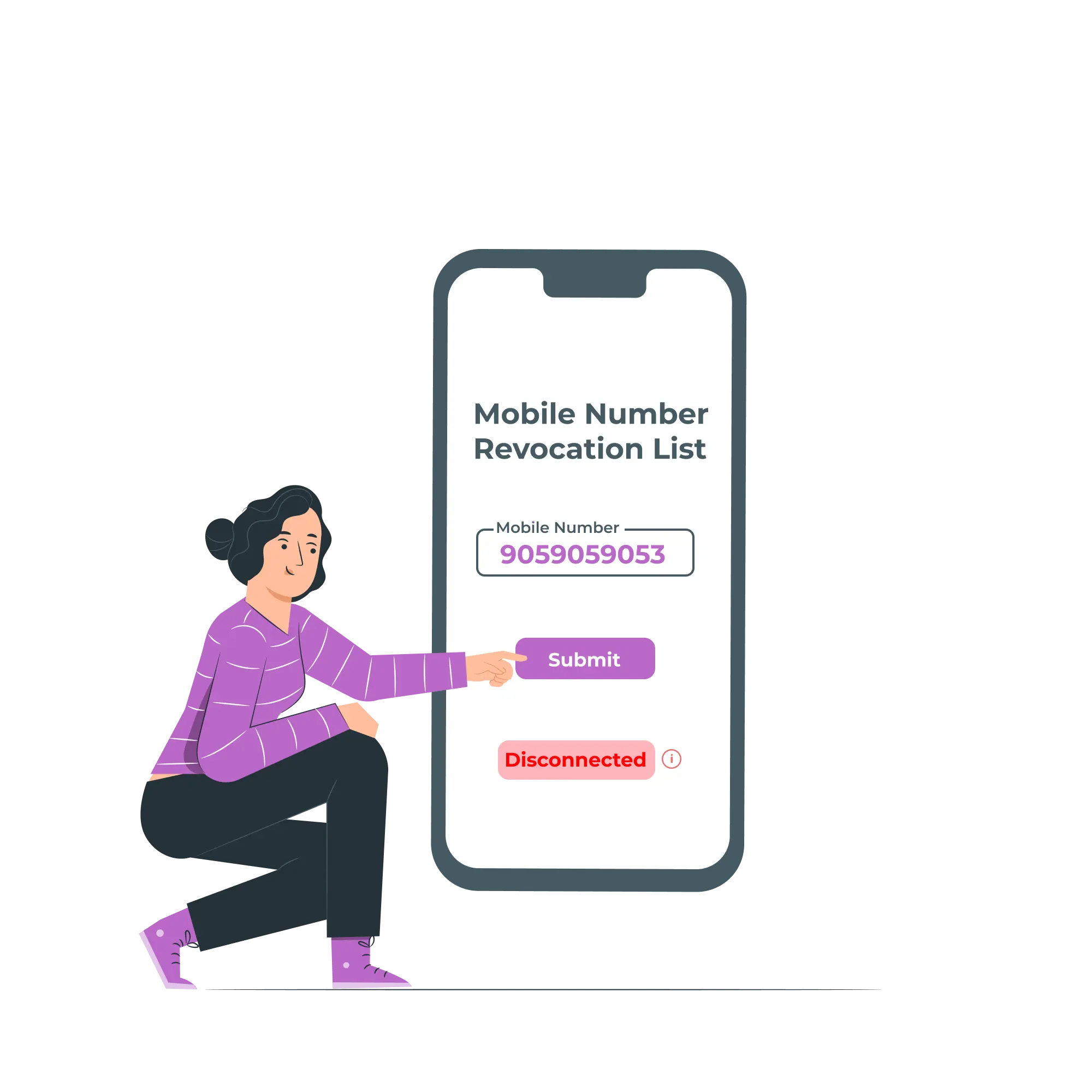 Illustration of a person kneeling beside a large smartphone display showing a mobile number, a submit button, and a "disconnected" status.