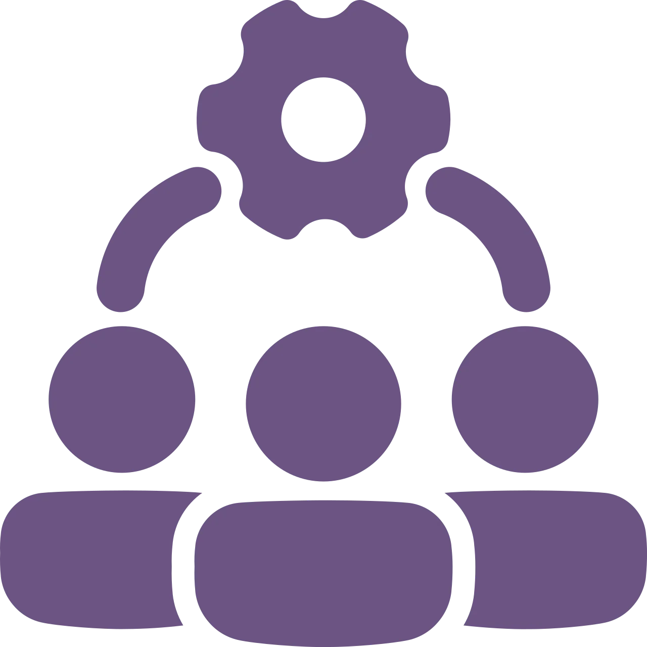 Icon showing three purple circles beneath a purple gear, symbolizing teamwork or collaboration.