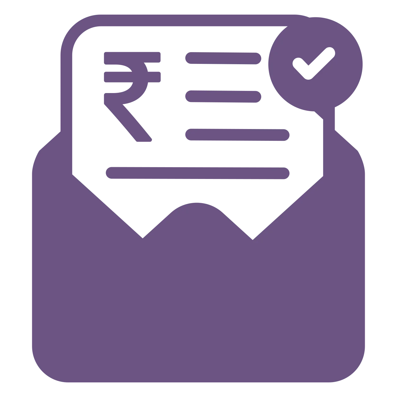 Purple icon of an envelope with a document showing a rupee symbol and a checkmark.