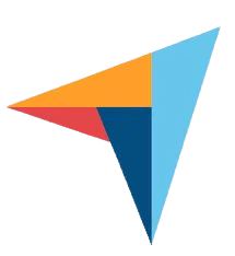 A geometric logo featuring overlapping triangles in orange, red, light blue, and dark blue, forming a pinwheel shape with a pointed, arrow-like appearance.