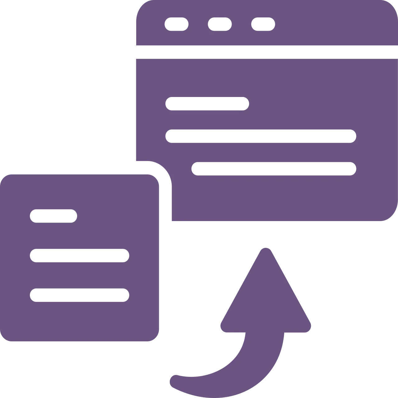 Purple abstract icon with two overlapping rectangles containing lines, and an upward arrow in the foreground.