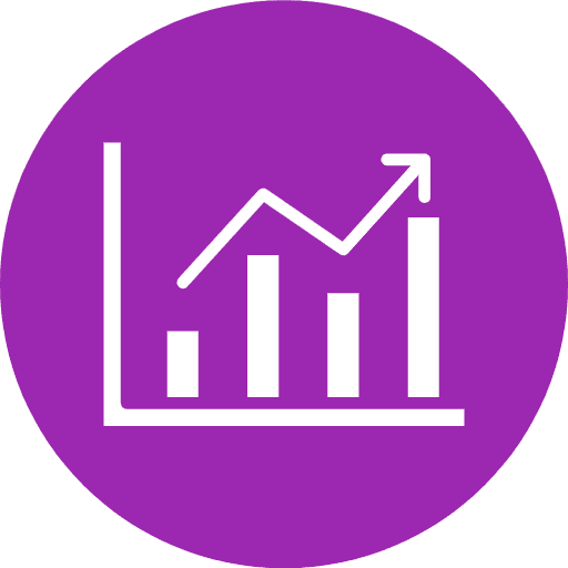 A white bar and line graph with an upward trend on a purple circular background.