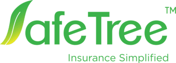 The image displays the SafeTree logo with a green leaf design, featuring the text "SafeTree" and the tagline "insurance simplified" in green font.