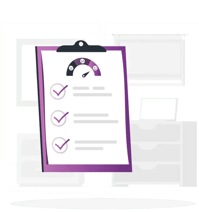 Illustration of a clipboard with a checklist and a satisfaction meter above, featuring face icons from sad to happy. Background includes abstract office elements.