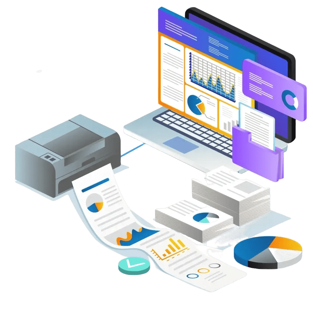 Laptop displaying charts and graphs, connected to a printer outputting data sheets. Stacks of paper, pie charts, and clock nearby.
