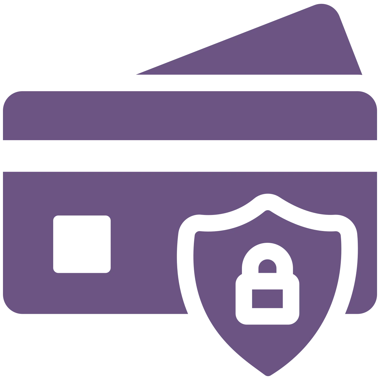 Icon of a purple credit card with a security shield depicting a padlock, symbolizing financial security or secure payment.