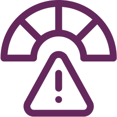 Purple icon of a semicircular gauge with a triangular warning sign and exclamation mark below, indicating caution or alert.