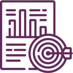 Purple line drawing of a document with bar charts and text lines, alongside a target symbol with an arrow hitting its center.