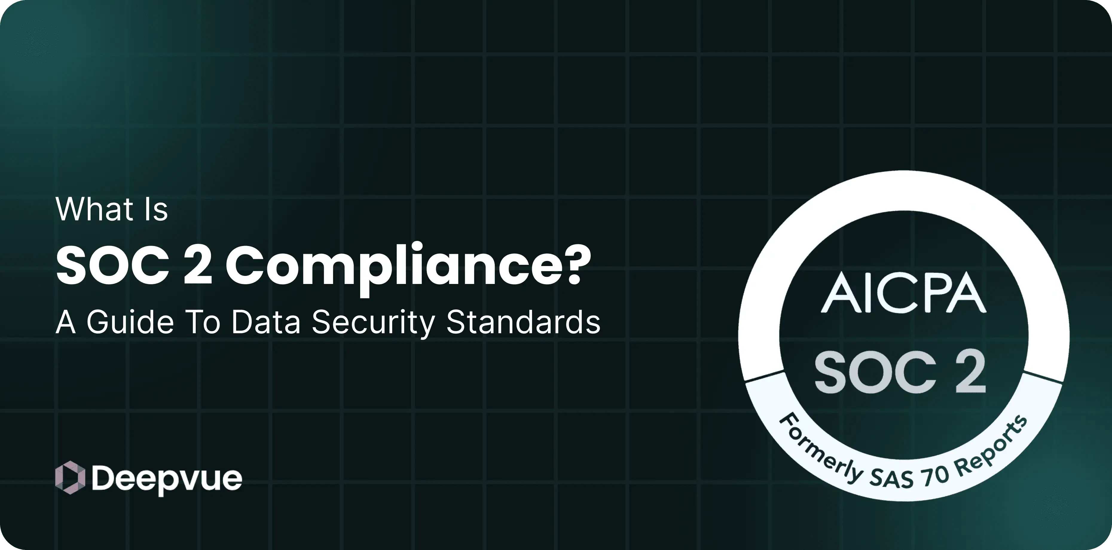 A graphic explaining SOC 2 compliance with text: "What is SOC 2 Compliance? A Guide to Data Security Standards." Includes AICPA SOC 2 seal and Deepvue logo.
