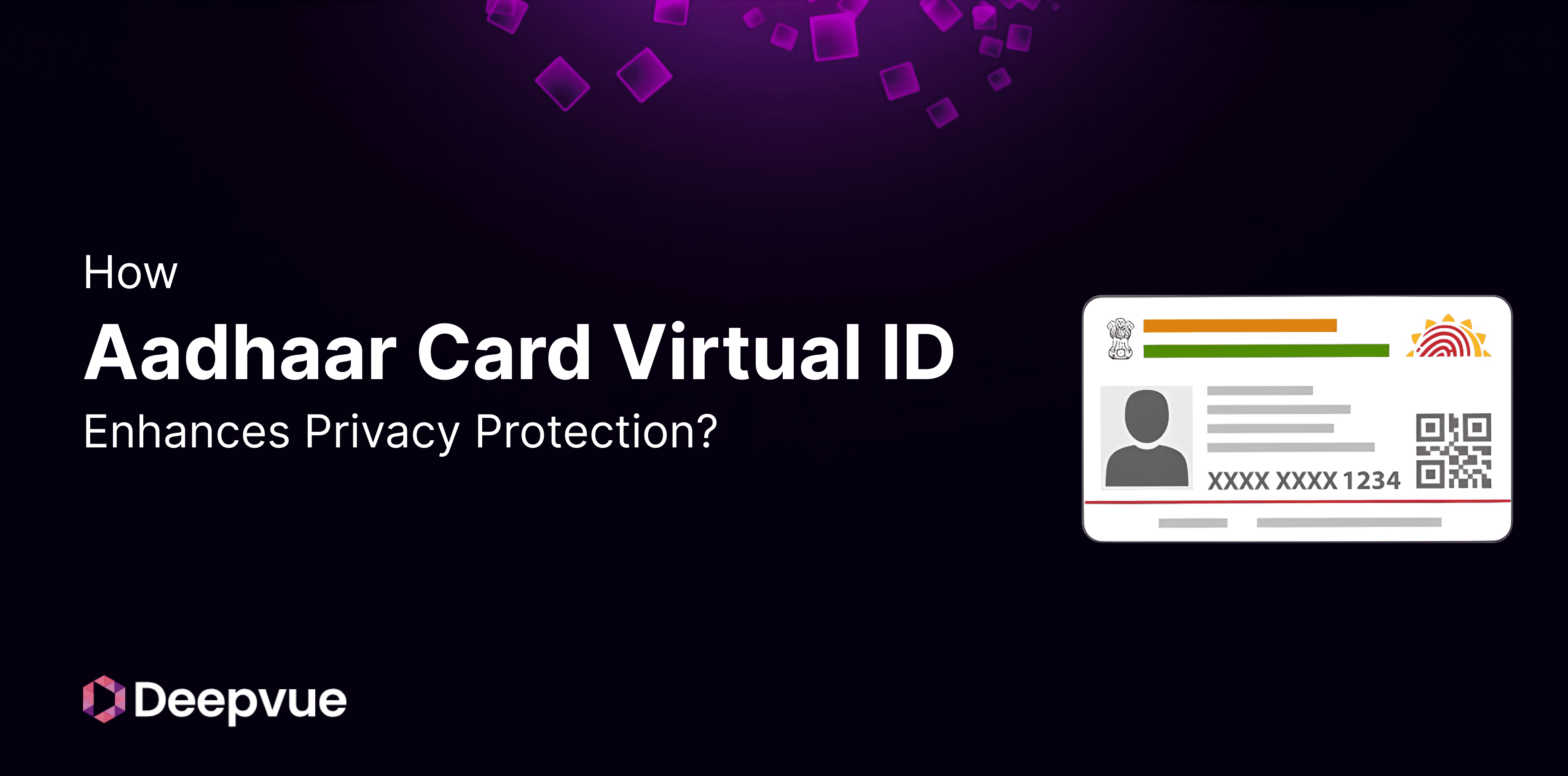 A graphic explains how Aadhaar Card Virtual ID enhances privacy protection, featuring a sample card image and the Deepvue logo.