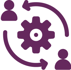 Two person icons connected by curved arrows around a central gear, representing collaboration or workflow process.