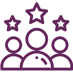 Outline of three people with three stars above their heads, representing achievement, recognition, or rating.