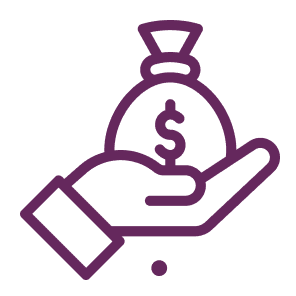 Purple outline of a hand holding a money bag with a dollar sign on it.