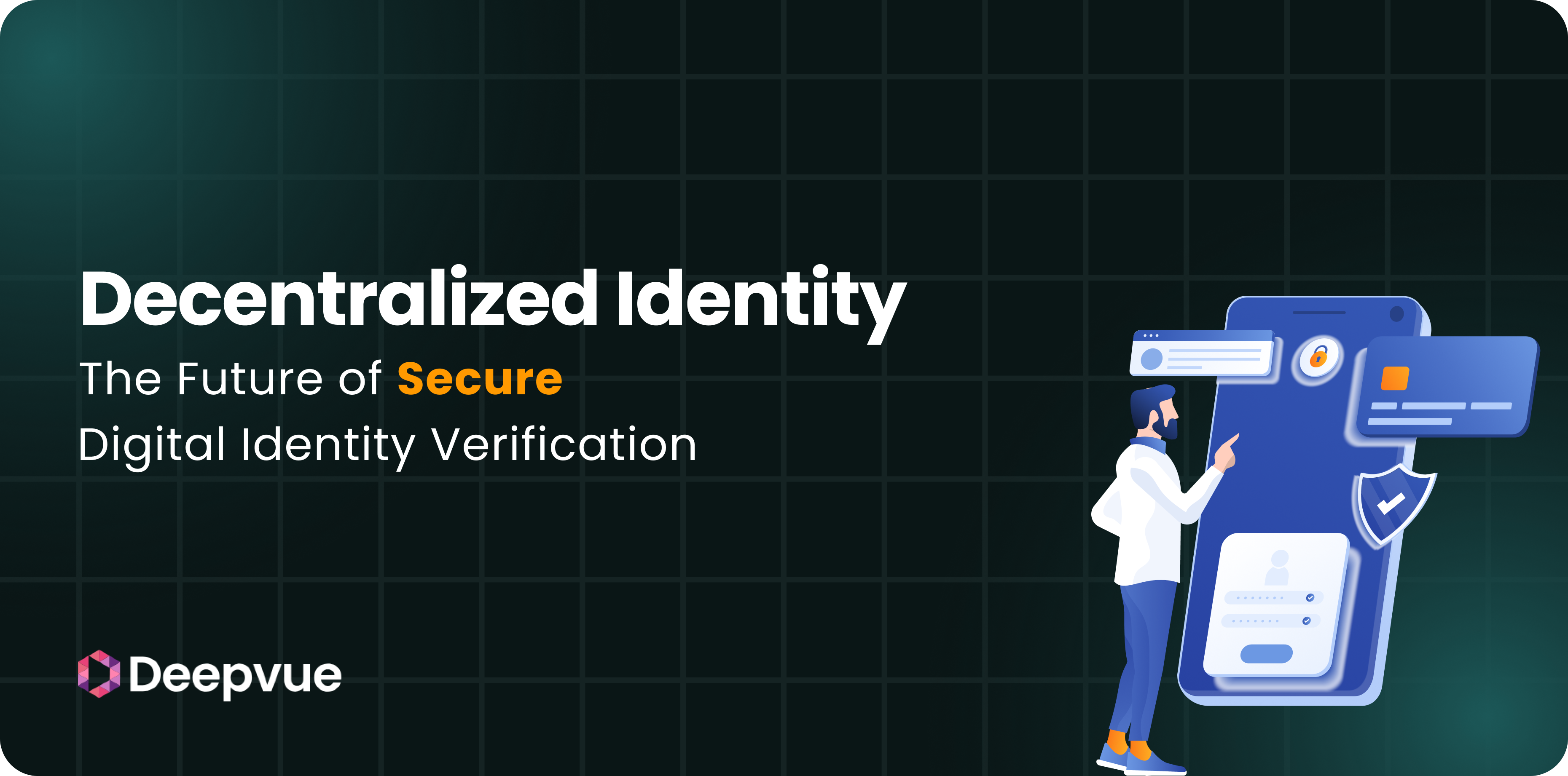 A person interacts with a large smartphone displaying a shield icon, illustrating decentralized and secure digital identity verification by Deepvue.