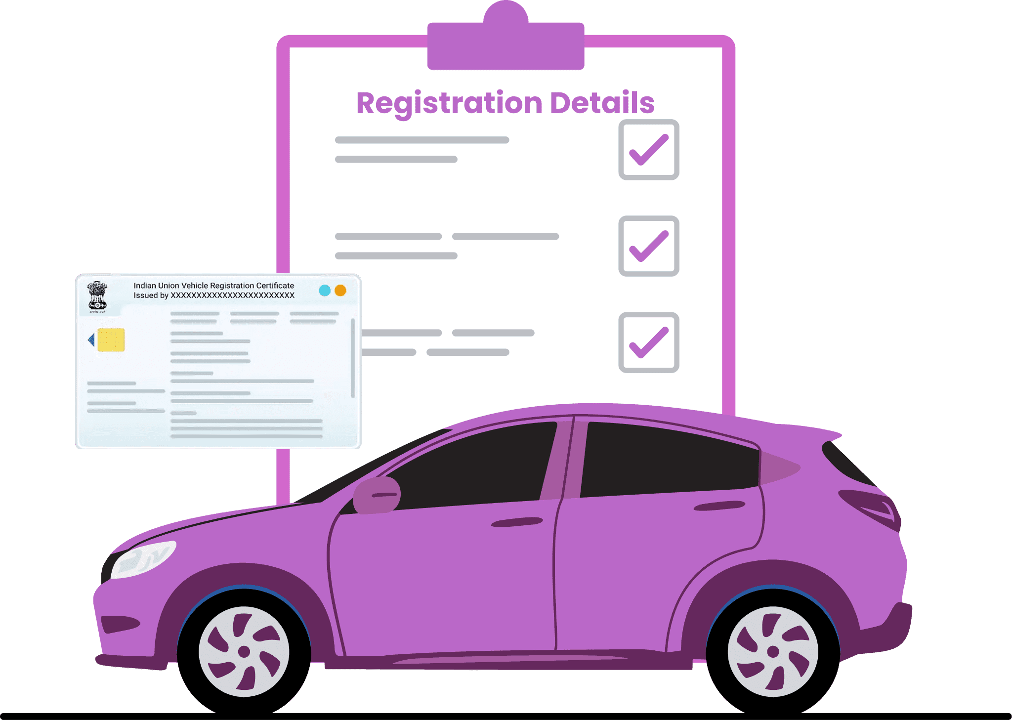 Illustration of a purple car in front of a large clipboard labeled "Registration Details," with checkboxes and a vehicle registration certificate displayed.