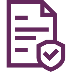 Purple icon of a document with a shield featuring a checkmark in front, representing verified or secure documentation.