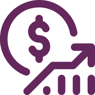 Purple icon showing a dollar sign within a partial circle next to an upward trending arrow and bar chart, representing financial growth or increasing profits.