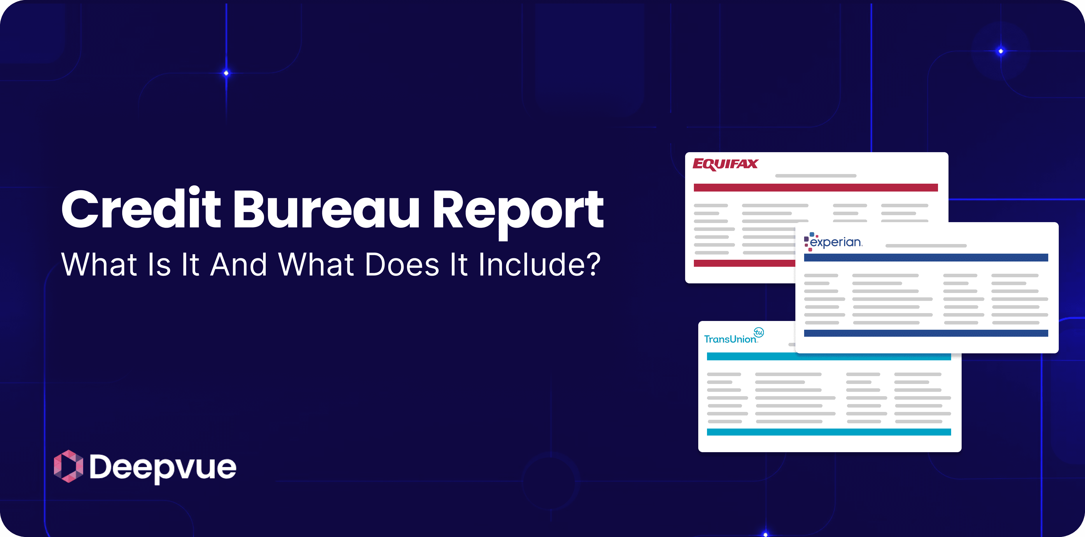 A graphic titled "Credit Bureau Report: What Is It And What Does It Include?" features sample credit reports from Equifax, Experian, and TransUnion, highlighting the role each credit bureau plays, all set against a dark blue background.