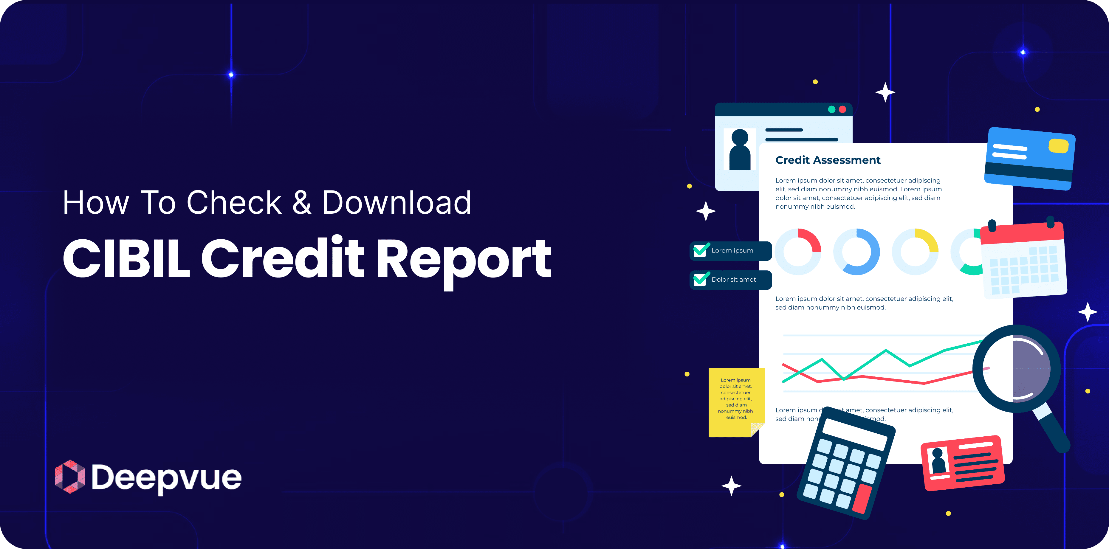 Illustration showing steps and items related to checking and downloading a CIBIL Credit Report, with icons of documents, graphs, and financial tools on a dark background.